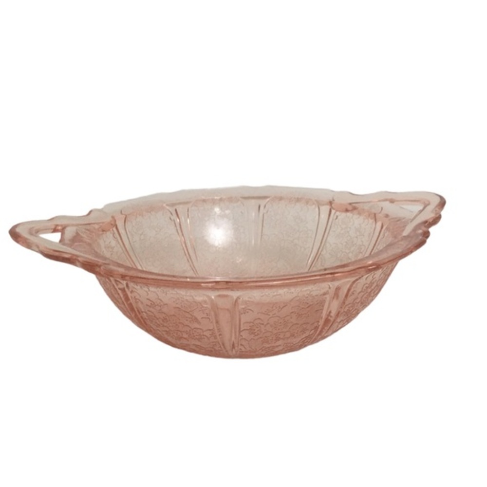 Vintage Jeanette 9” Pink Cherry Blossom Handled Depression Glass Bowl